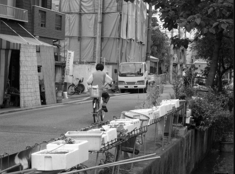 Dame à vélo vue de dos dans une rue japonaise.