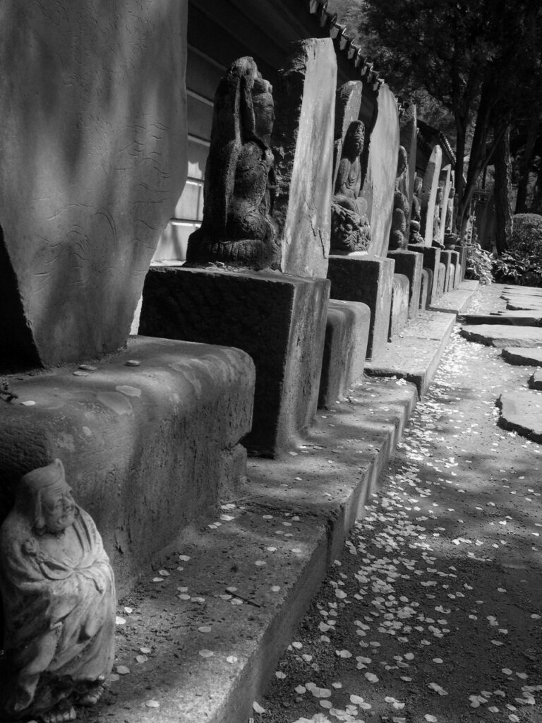 Dans un temple bouddhiste au Japon, une rangée de stèles et de statues. Au premier plan, une statuette plus petite d'un vieillard en toge qui se tient debout, les yeux fermés. Le sol est jonché de pétales.