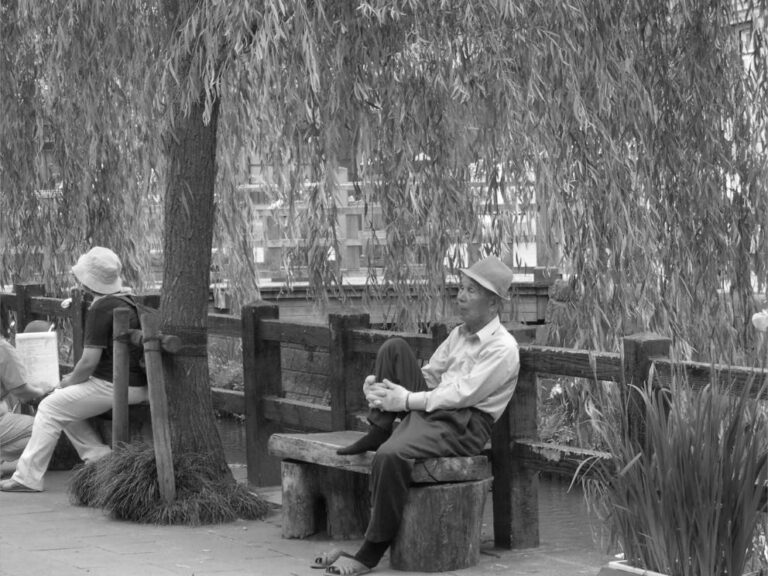Vieil homme assis sur un banc sous un saule, au bord d'une rivière au Japon.