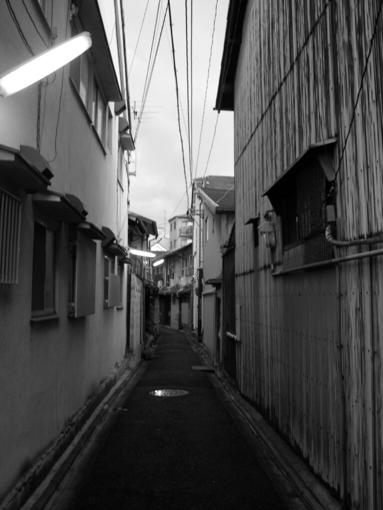 Une longue ruelle très étroite, le soir, au Japon.