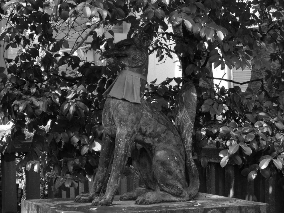 Statue de renard, messager de la divinité Inari, dans un sanctuaire japonais.